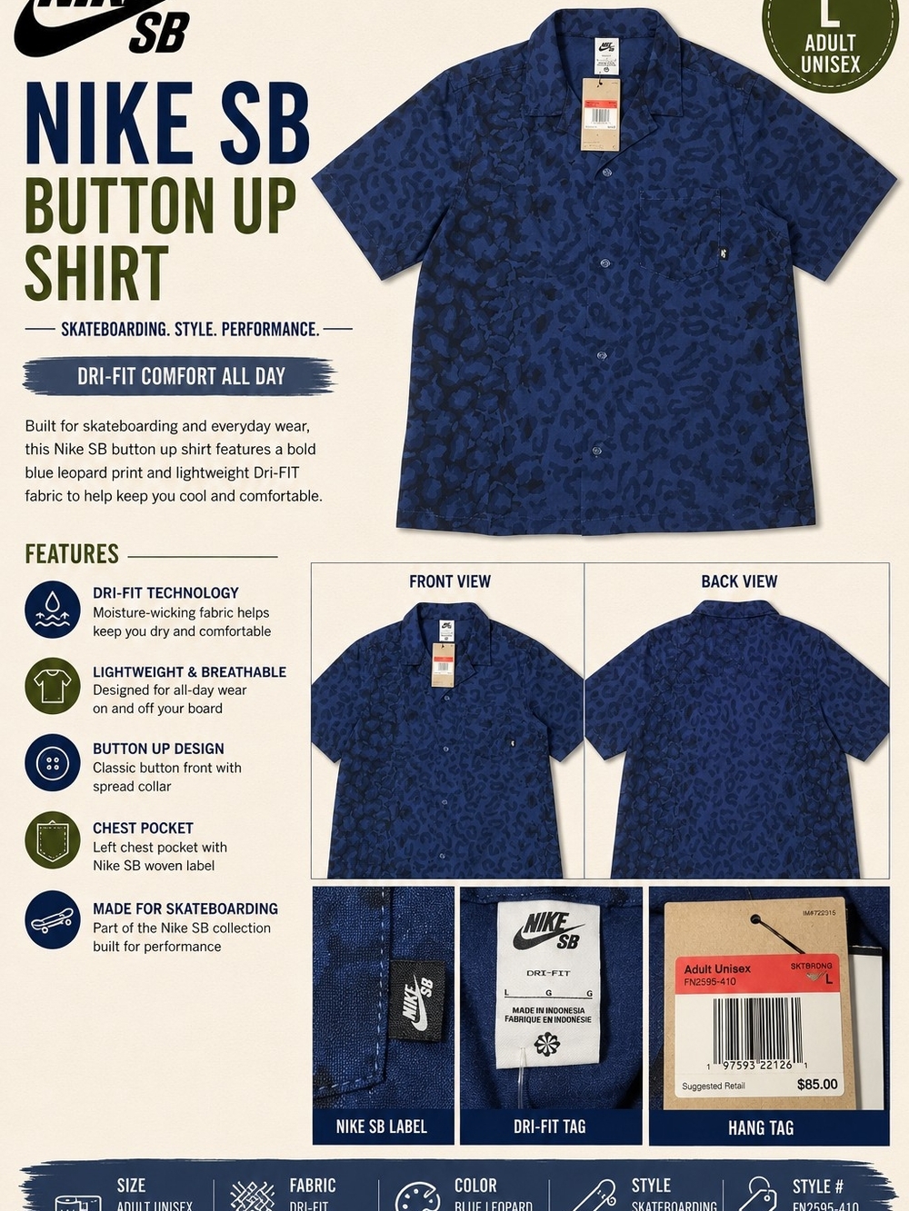 Nike SB Men’s Blue Leopard-Print Dri-FIT Button-Up Shirt